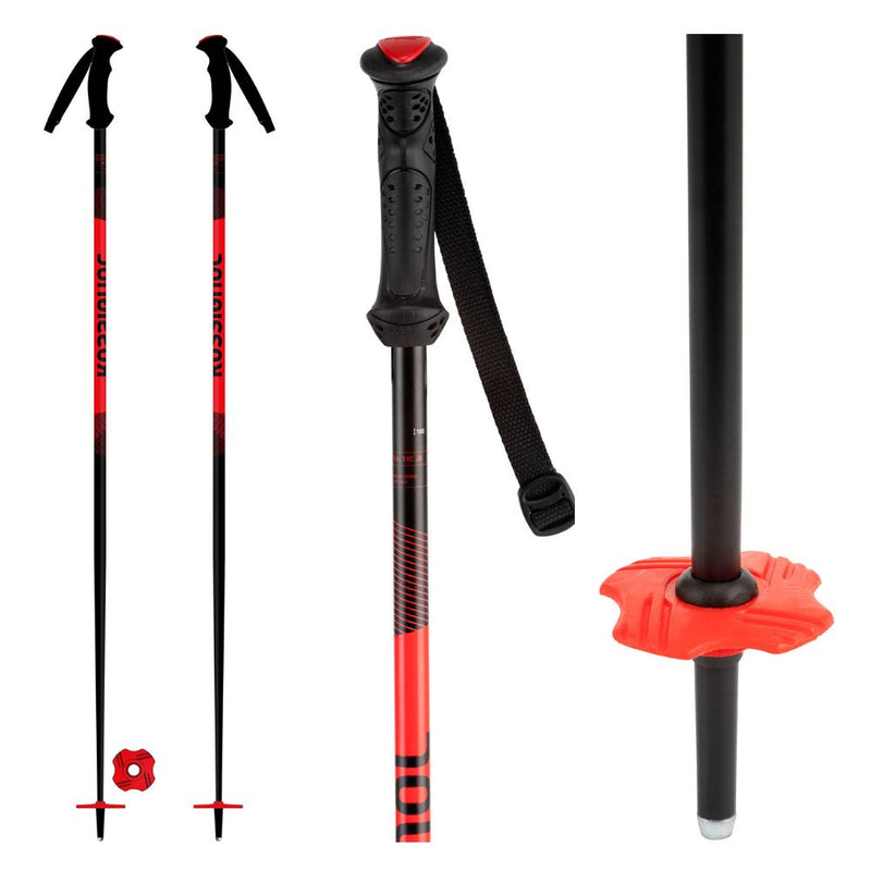 Image show both a pair of Rossignol Tactic Jr Ski poles and close up views in red and black with red baskets, black handle that has a red insert and black strap.