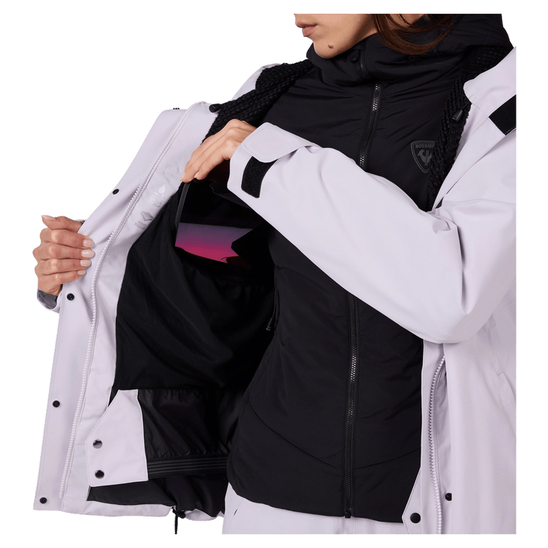 Goggle mesh view of the Rossignol Desafio Shell 2L Ski Jacket in GALACTIC LILAC colourway, women model
