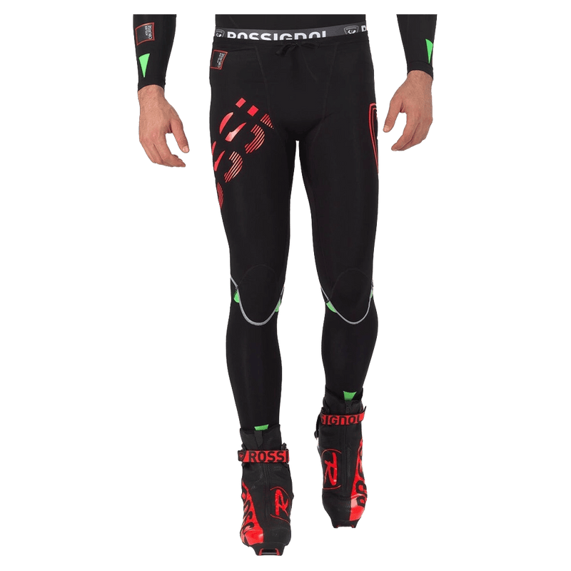 Front view of the Rossignol Infini Compression Race Tights in Neon Red colourway, men model