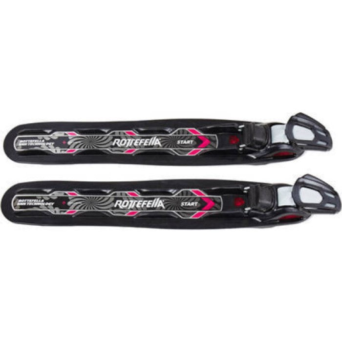 Rottefella Start Cross Country Binding showing a pair in black with light pink accents and white rottefella branding, grey toe clip
