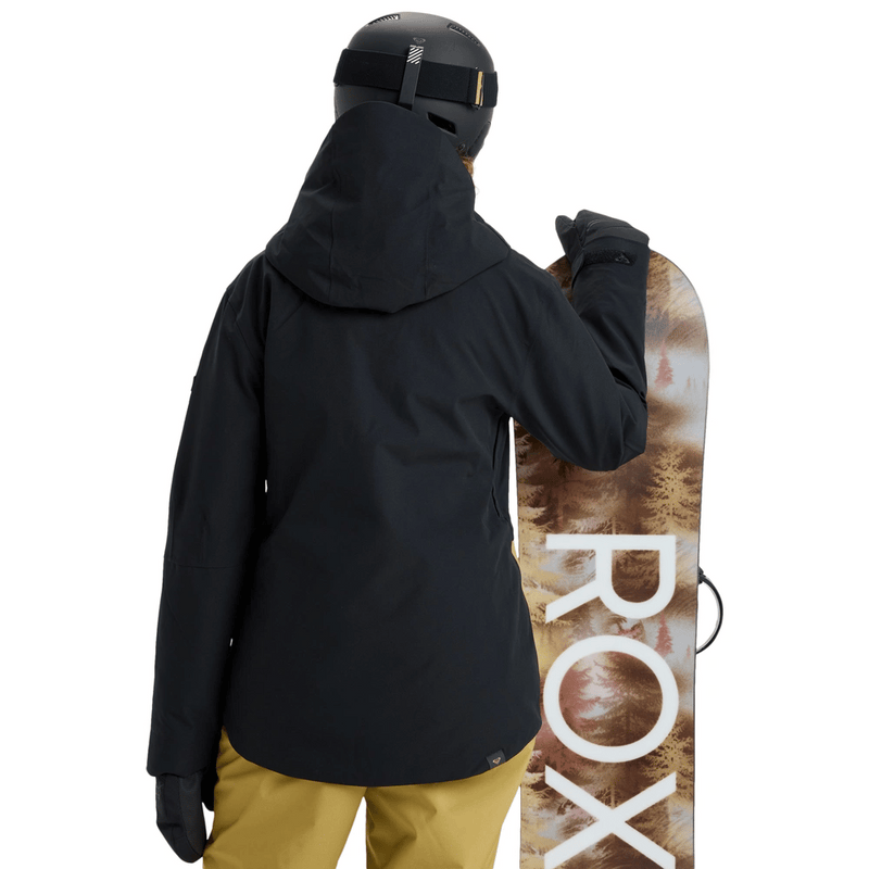 View of women in Roxy Wild Twist Snowboard Jacket - Womens in colour True Black.