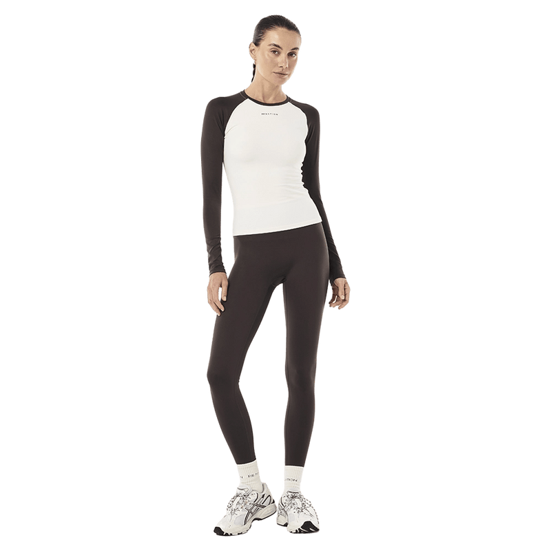 Full view of P.E Nation Signature LS Top - Womens in colour Coffee/Whisper White.
