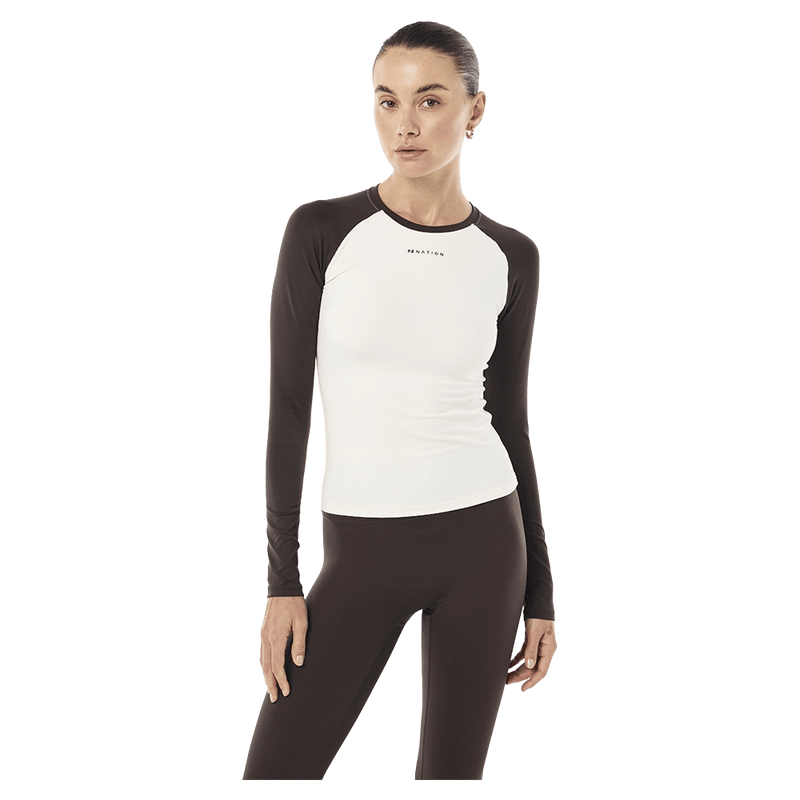 Front view of P.E Nation Signature LS Top - Womens in colour Coffee/Whisper White.