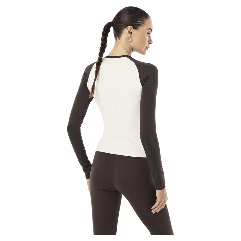 Back view of P.E Nation Signature LS Top - Womens in colour Coffee/Whisper White.