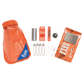 SOL Scout Survival Kit waterproof bag with clear plastic on one side and orange on the other shown separated with bag, contents of safety pins, rescue whistle compass, needle and thread, mirror etc.
