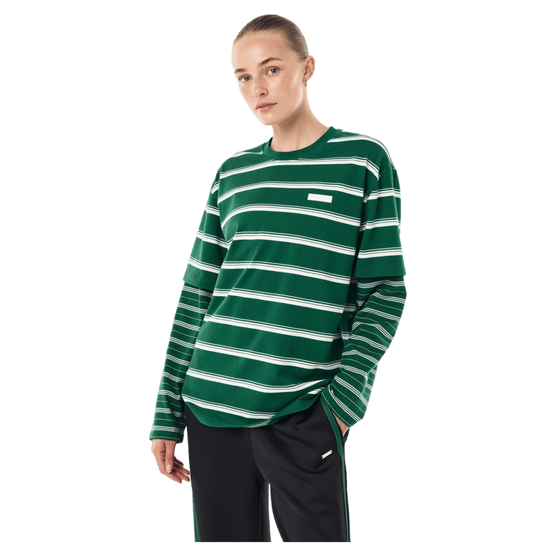 Front view of P.E Nation Spark LS Tee - Womens in colour Amazon Stripe.