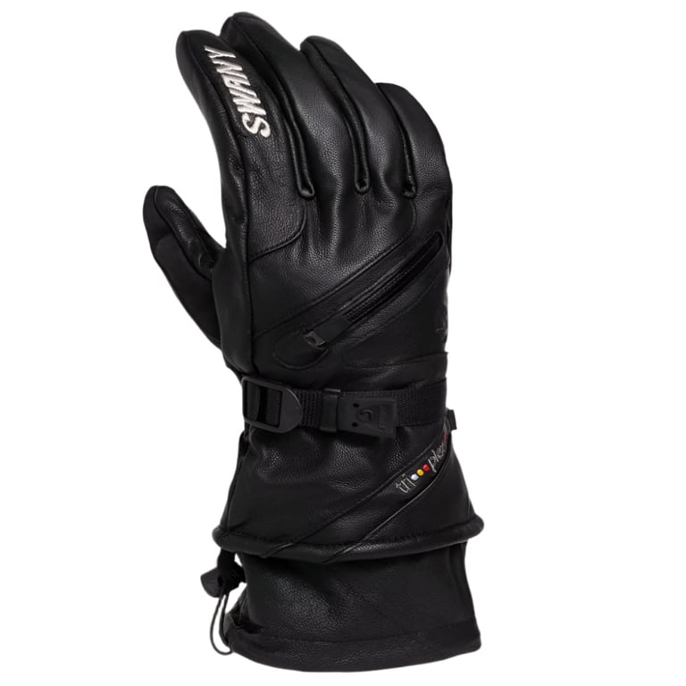 Black Swany X-Cell leather glove with a zippered pocket, adjustable wrist strap, and white logo on the index finger.