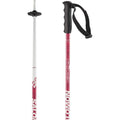 Close up view of the top and bottom of the Salomon Brigade Jr Ski single Pole in pink and white with black basket, handle and strap. White writing
