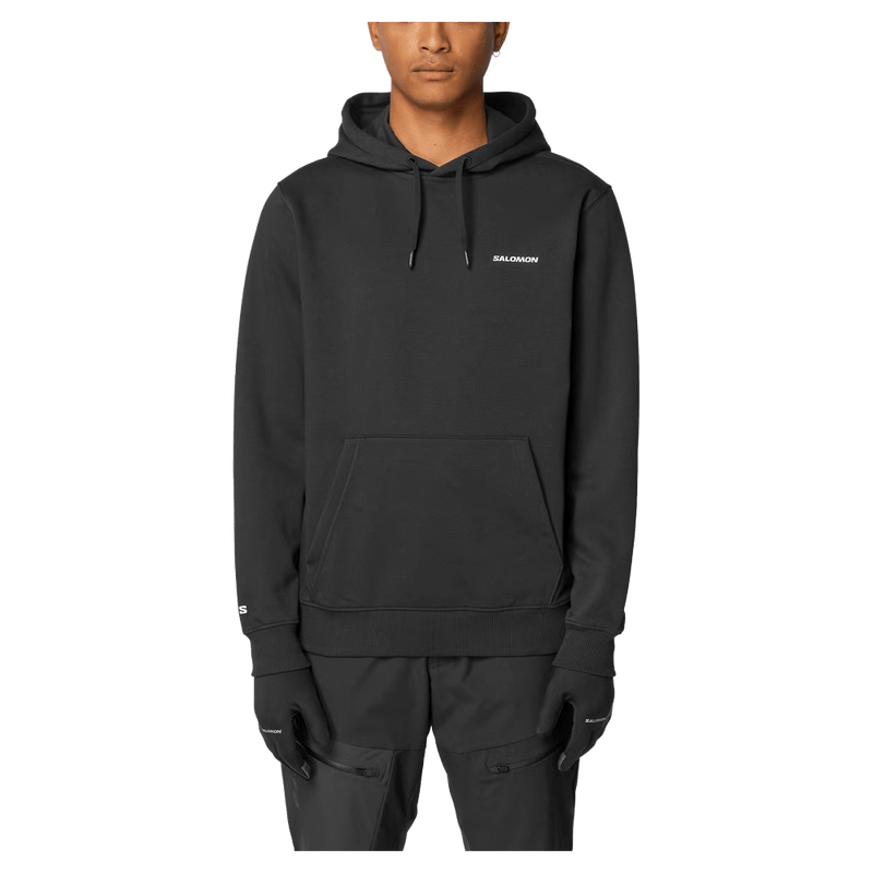 Front view of the Salomon Chest Logo Hoodie in Deep Black colourway, unisex model