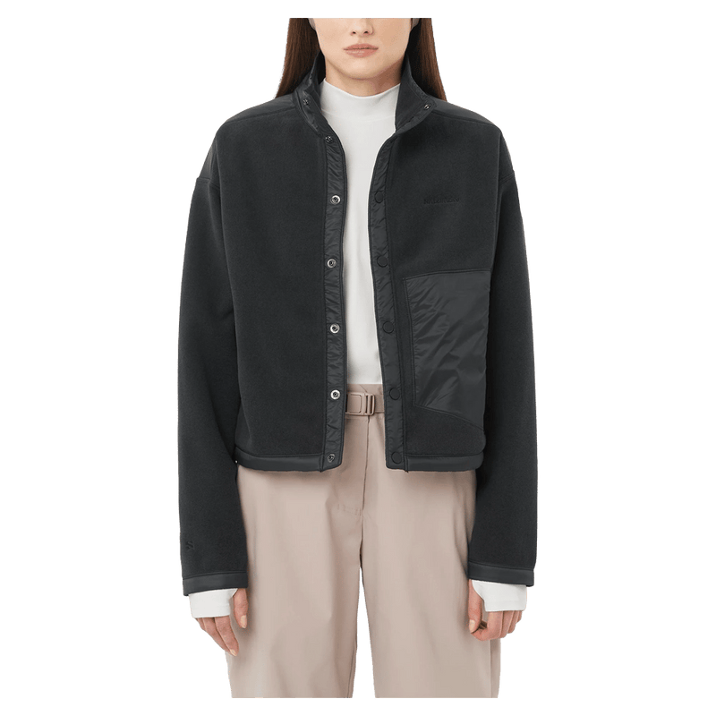 Front view of the Salomon Chroma Fleece Cardigan in Deep Black colourway, women model