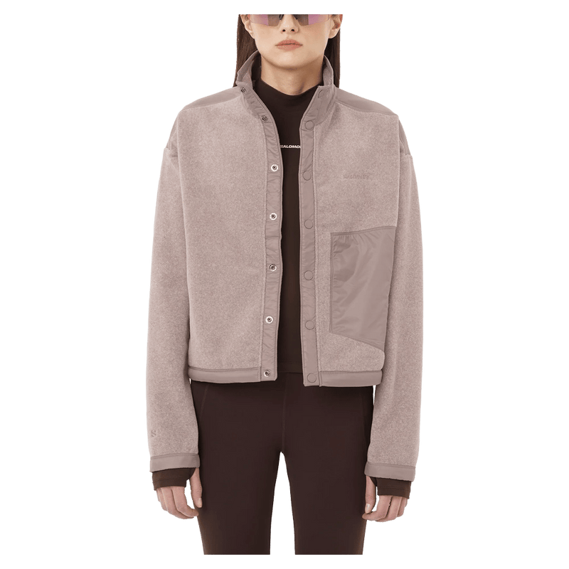 Front view of the Salomon Chroma Fleece Cardigan in Etherea colourway, women model