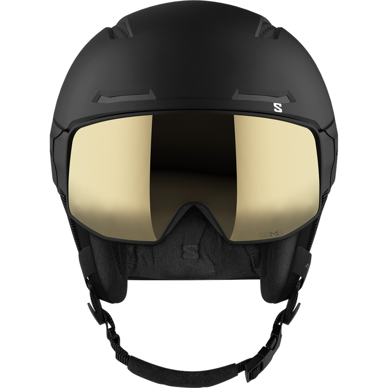 Front view of Salomon Driver Pro Sigma Visor Helmet in Black colour, featuring MIPS protection, EPS4D, dial fit system, active ventilation and goggles included