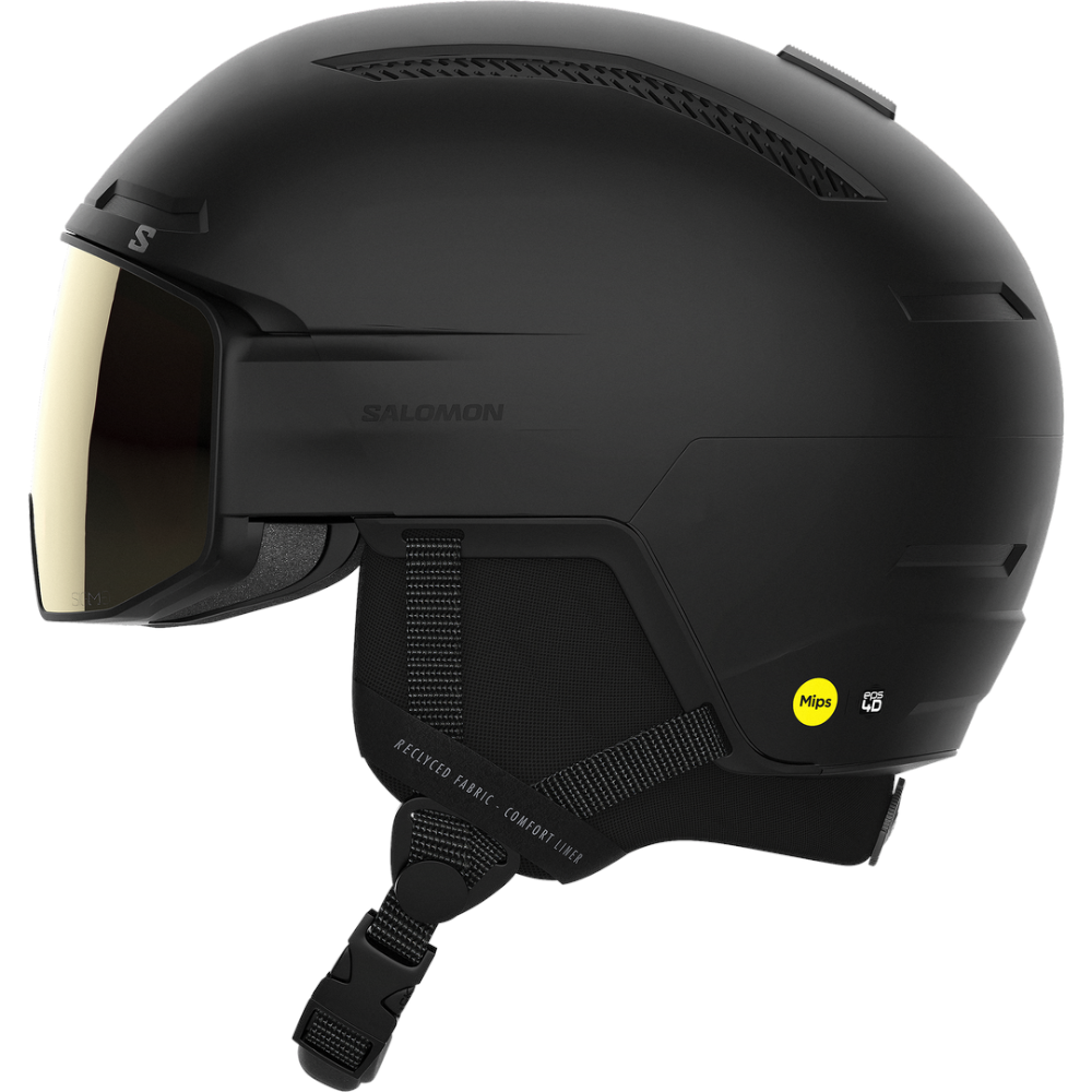 Side view of Salomon Driver Pro Sigma Visor Helmet in Black colour, featuring MIPS protection, EPS4D, dial fit system, active ventilation and goggles included
