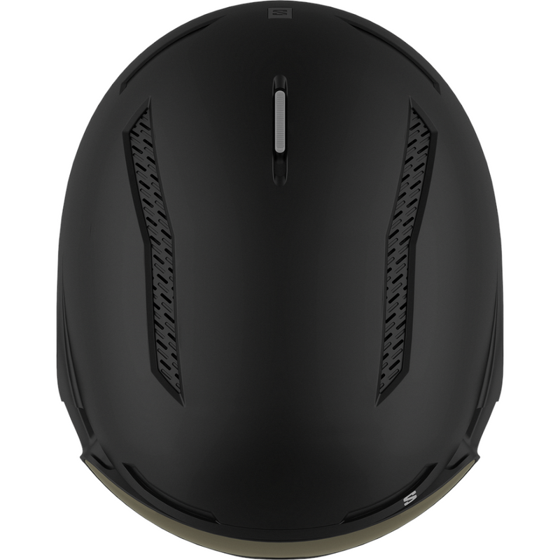 Top view of Salomon Driver Pro Sigma Visor Helmet in Black colour, featuring MIPS protection, EPS4D, dial fit system, active ventilation and goggles included