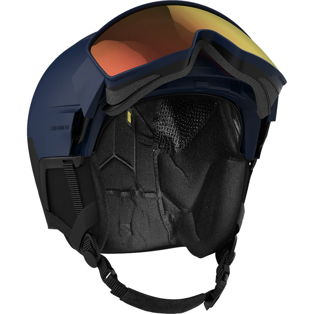 Open view of Salomon Driver Pro Sigma Visor Helmet in Blue colour, featuring MIPS protection, EPS4D, dial fit system, active ventilation and goggles included