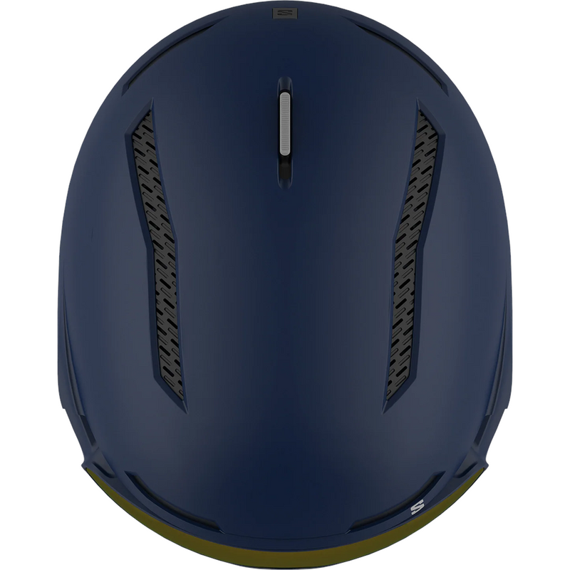 Top view of Salomon Driver Pro Sigma Visor Helmet in Blue colour, featuring MIPS protection, EPS4D, dial fit system, active ventilation and goggles included