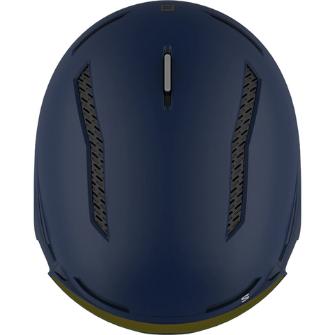 Top view of Salomon Driver Pro Sigma Visor Helmet in Blue colour, featuring MIPS protection, EPS4D, dial fit system, active ventilation and goggles included