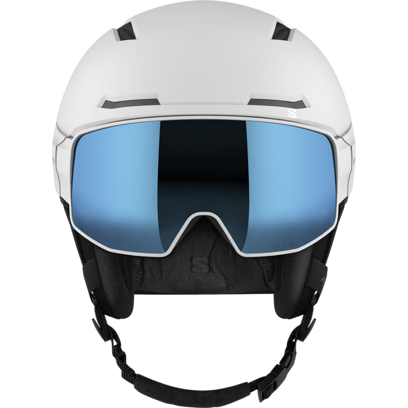 Front view of Salomon Driver Pro Sigma Visor Helmet in White colour, featuring MIPS protection, EPS4D, dial fit system, active ventilation and goggles included
