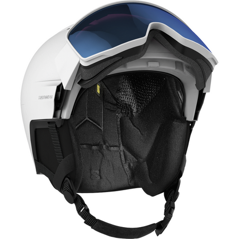 Open view of Salomon Driver Pro Sigma Visor Helmet in White colour, featuring MIPS protection, EPS4D, dial fit system, active ventilation and goggles included