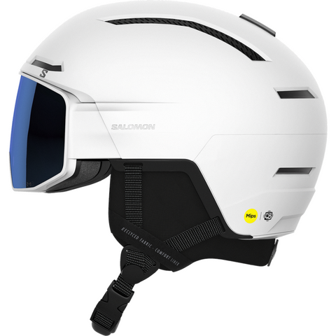 Side view of Salomon Driver Pro Sigma Visor Helmet in White colour, featuring MIPS protection, EPS4D, dial fit system, active ventilation and goggles included