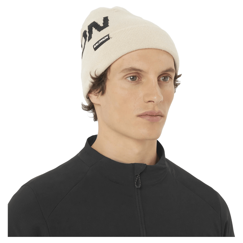 Worm view of the Salomon Hermitage Beanie in Whisper White colourway, unisex model