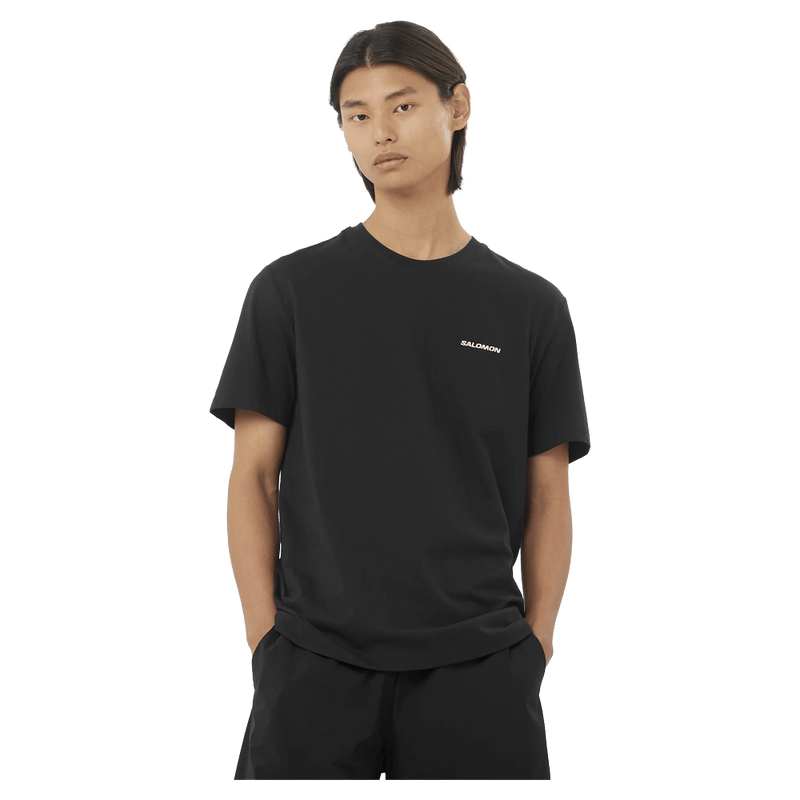 Front view of the Salomon Logo Rx Tee in Deep Black colourway, unisex model