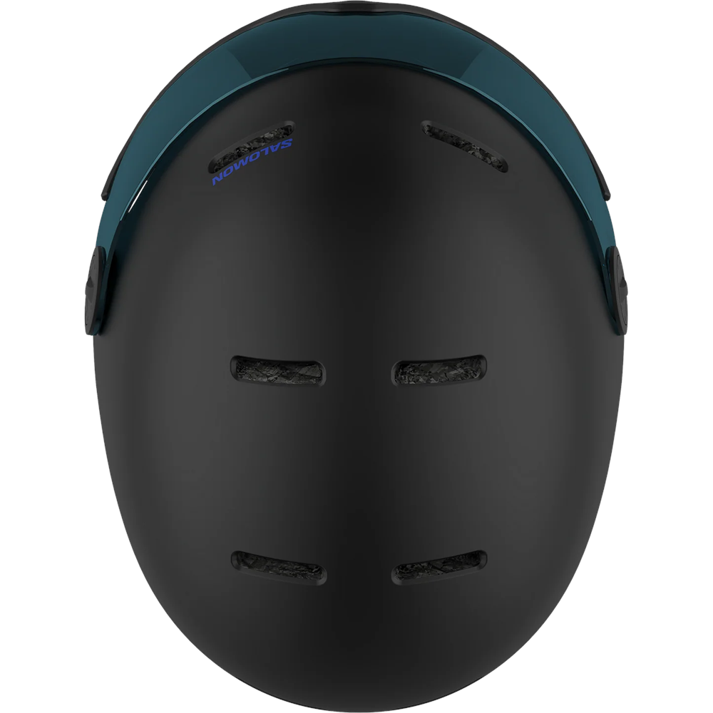 Top view of Salomon Orka Visor Helmet Helmet in Black colour, featuring custom dial adjusment and low-profile shell