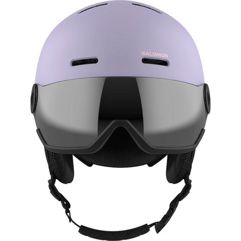 Front view of Salomon Orka Visor Helmet Helmet in Evening Purple colour, featuring custom dial adjusment and low-profile shell