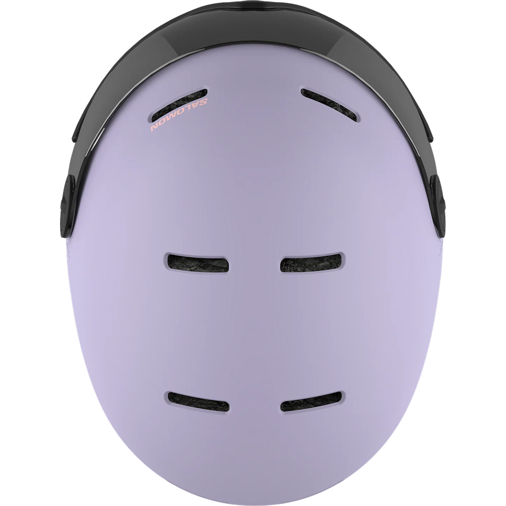 Top view of Salomon Orka Visor Helmet Helmet in Evening Purple colour, featuring custom dial adjusment and low-profile shell