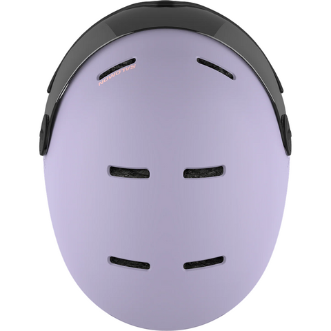 Top view of Salomon Orka Visor Helmet Helmet in Evening Purple colour, featuring custom dial adjusment and low-profile shell