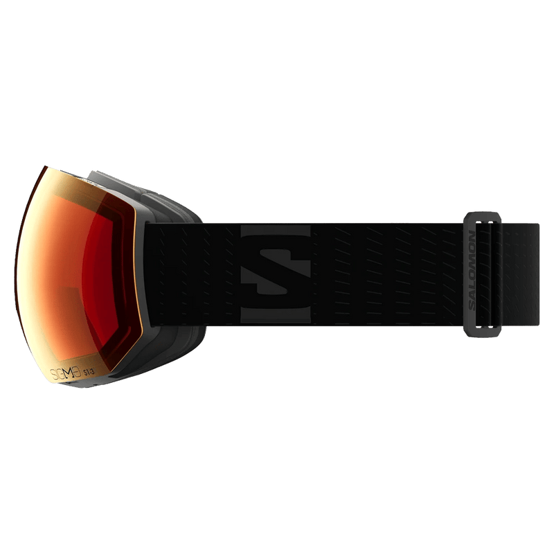 Side view of the Salomon Radium Pro Photo Goggles in Black, Sigma Photo Poppy Red lens, unisex model