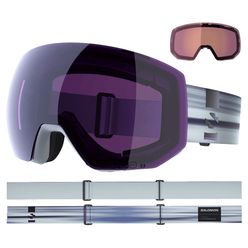 Alternative view of the Salomon Radium Pro Goggles in Ice Flow, Sigma Sky Blue lens, unisex model