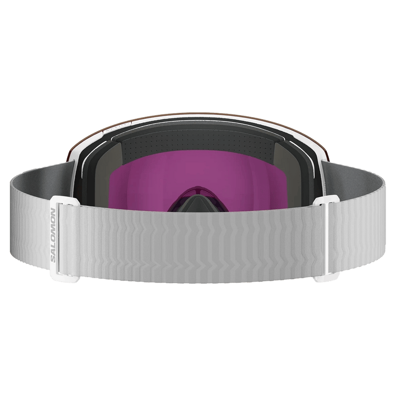Back view of the Salomon Radium Pro Goggles in White, Sigma Black Gold lens, unisex model