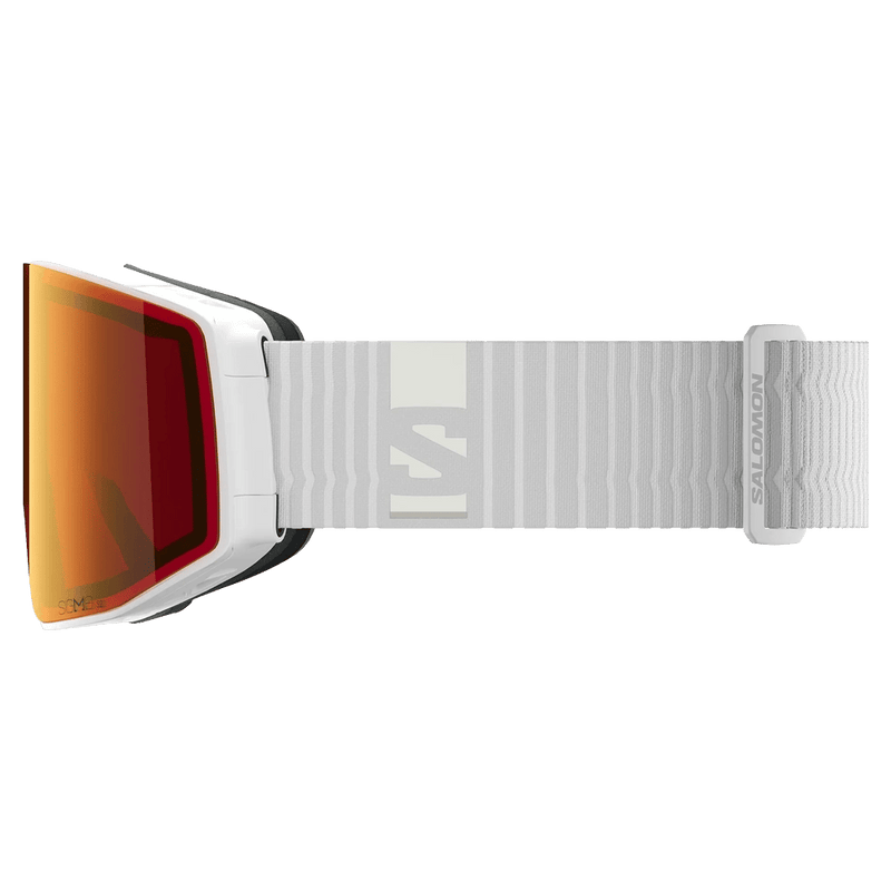 Side view of the Salomon Sentry Prime Goggles in White, Sigma Poppy Red lens, unisex model