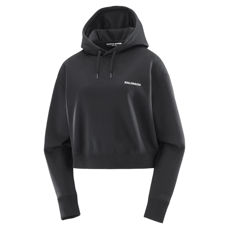 Main view of the Salomon Short Hoodie in Black colourway, women model