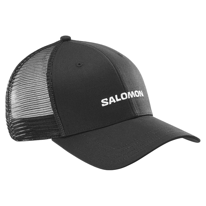 Main view of the Salomon Trucker Cap in Deep Black colourway, unisex model