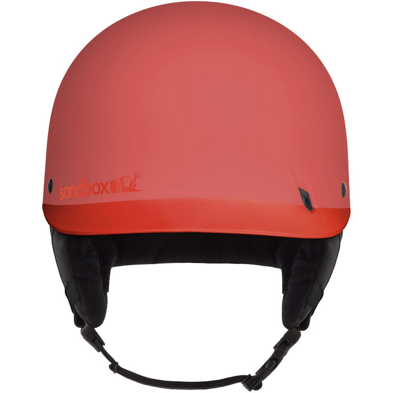 Front view of Sanbox Classic 1.0 Helmet in Vemillion colour, featuring removable goggle clip and ear pads