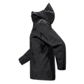 Side view of the Sentinel Ski Jacket in Black featuring a storm hood with toggle adjustment, side and arm zip pockets, zippered under arm vent and adjustable sleeve cuffs.