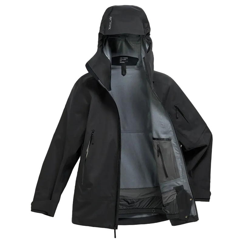 Front view of the Sentinel Ski Jacket in Black featuring a storm hood with toggle adjustment, a full front zip, side and arm zip pockets, internal zip and dump pockets and powder skirt.