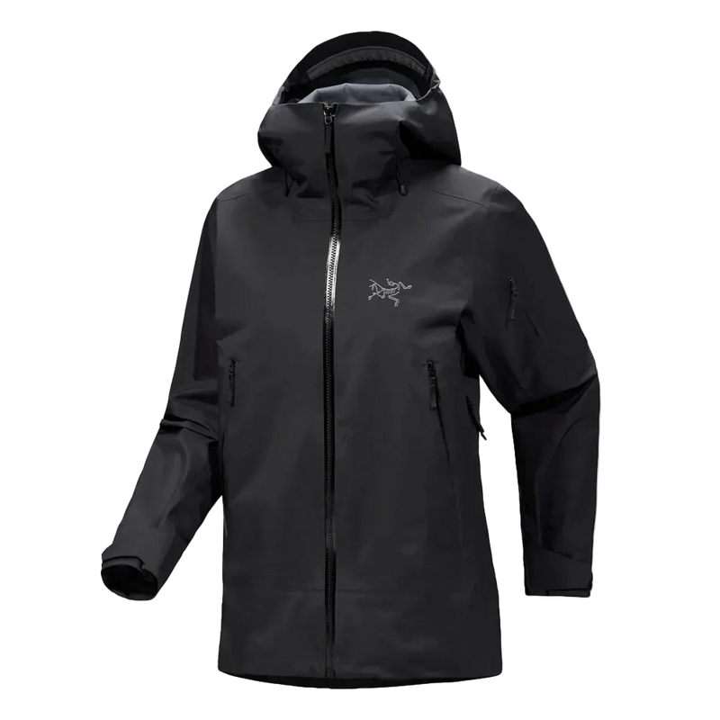 Front view of the Sentinel Ski Jacket in Black featuring a storm hood with toggle adjustment, side and arm zip pockets, zippered under arm vent and adjustable sleeve cuffs.