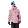 Front view of a woman wearing the Sentinel Ski Jacket in Bliss Black featuring a blush pink tone with contrast black hardwear and brand image on the chest.