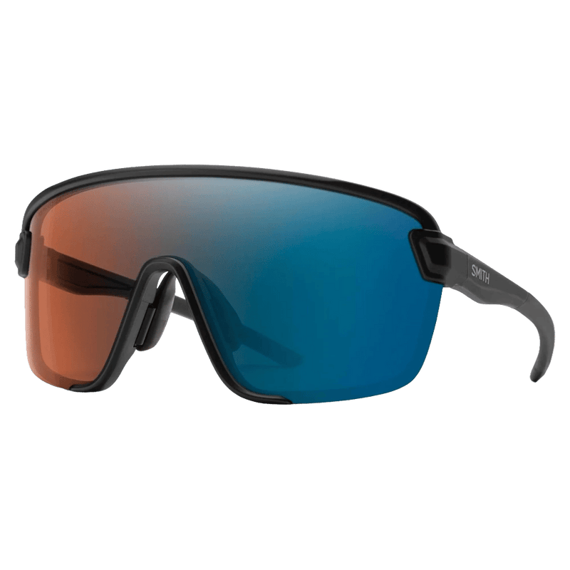 Main view of the Smith Bobcat Sunglasses in Matte Black, ChromaPop Glacier Photochromic Copper Blue Mirror lens, unisex model
