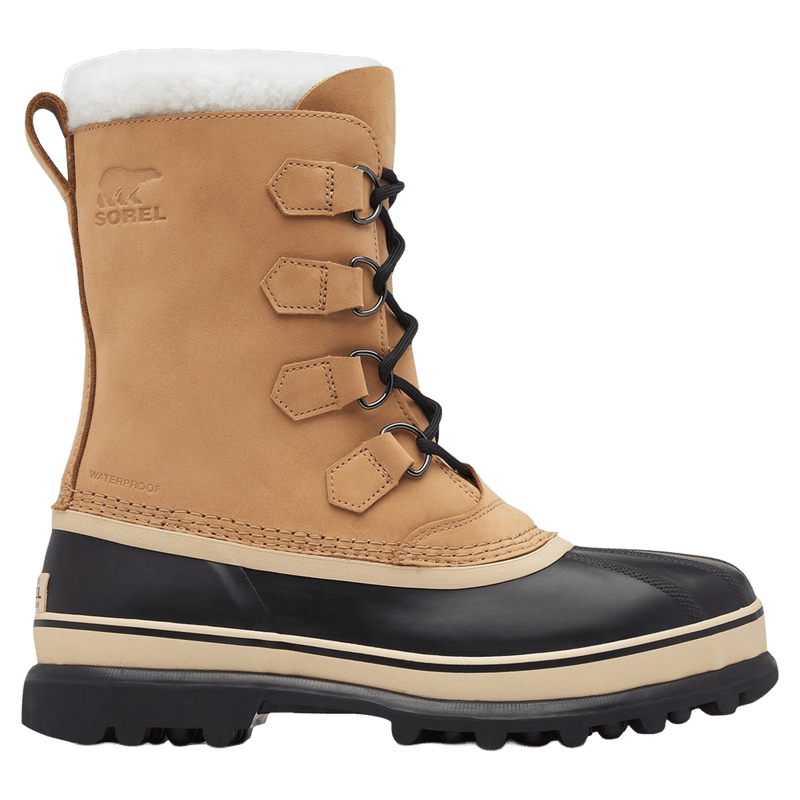 Right side view of the Sorel Caribou Apres Boots in buff colourway, men model