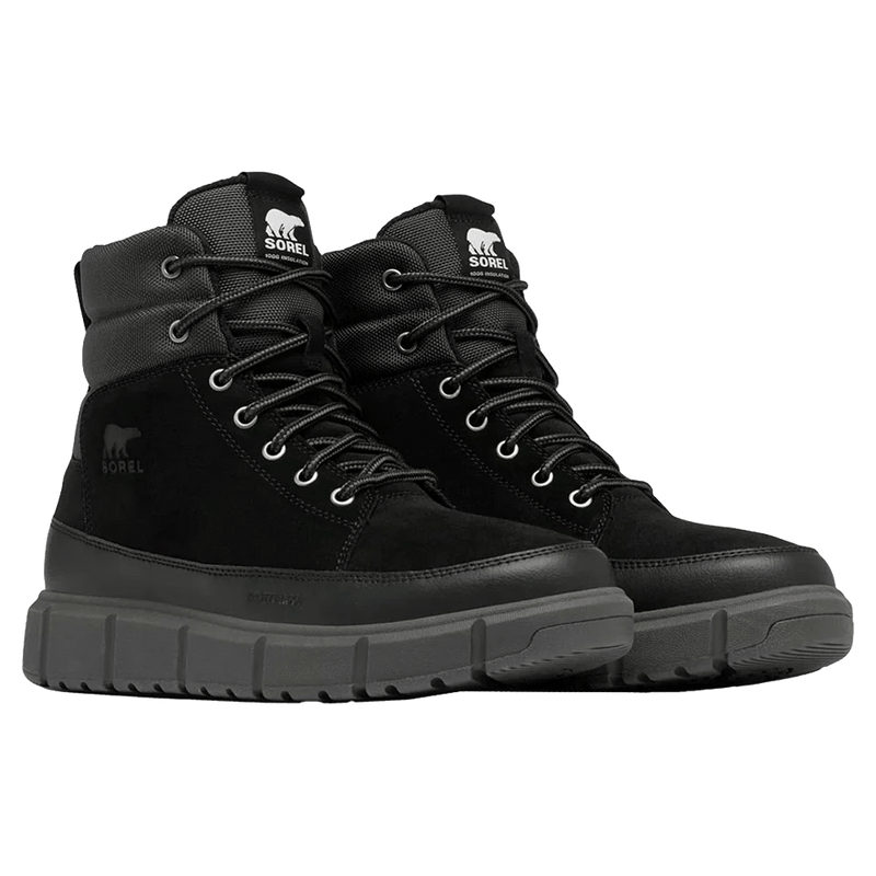 Pair view of the Sorel Explorer III Apres Boots in Black Jet colourway, men model