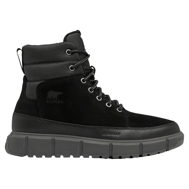 Side view of the Sorel Explorer III Apres Boots in Black Jet colourway, men model