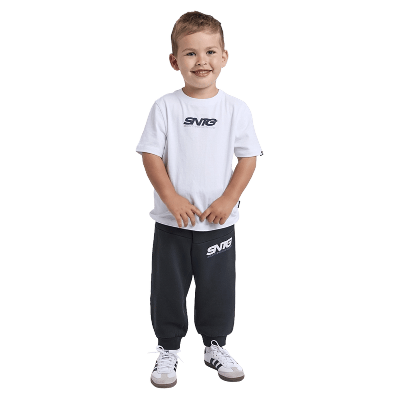 Full-body view of the St Goliath Challenger Track Pant in Washed Black colourway, toddler's model