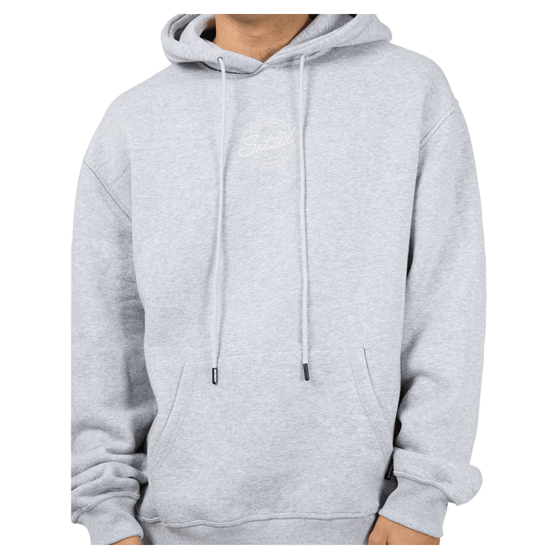Close view of the St Goliath Radio Hoodie in Grey Marle colourway, men's model