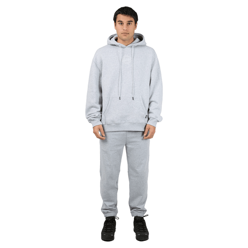 Full-body view of the St Goliath Radio Hoodie in Grey Marle colourway, men's model