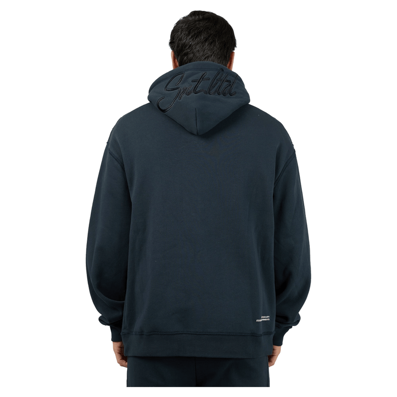 Back view of the St Goliath Radio Hoodie in Navy colourway, men's model