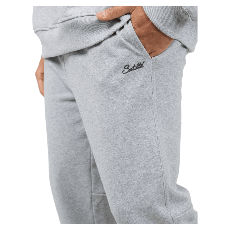 Close view of the St Goliath Radio Sweatpants in Grey Marle colourway, men's model